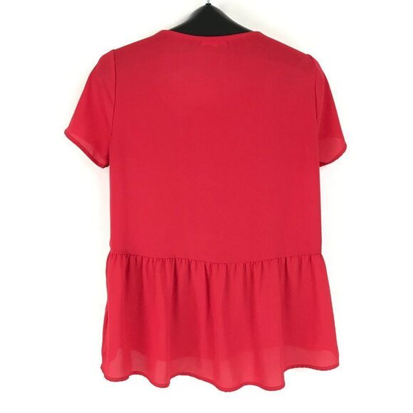 Pleione Ruffle Hem Blouse Women’s XS Red Sheer Short Sleeves Polyester Holiday - Picture 4 of 9